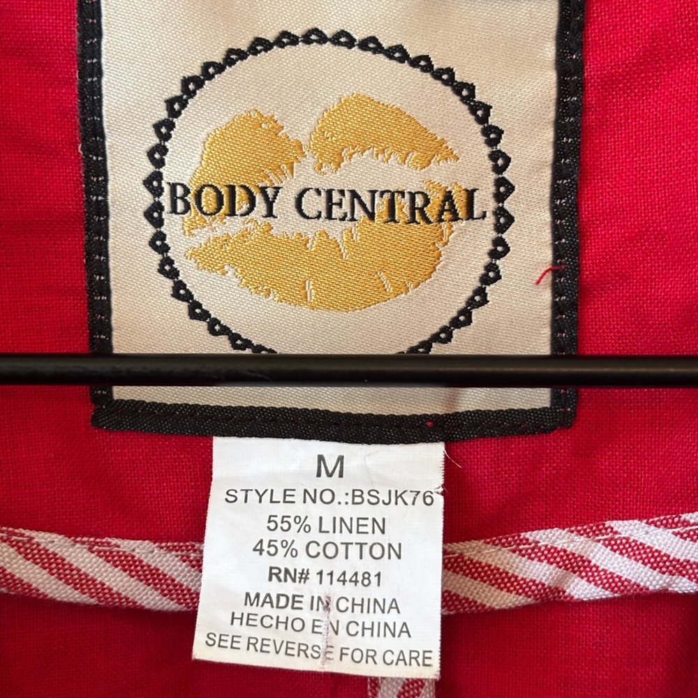 Body Central Red Linen Cotton Blend Blazer Jacket Md Ruched Sleeves Lightweight - Picture 6 of 7
